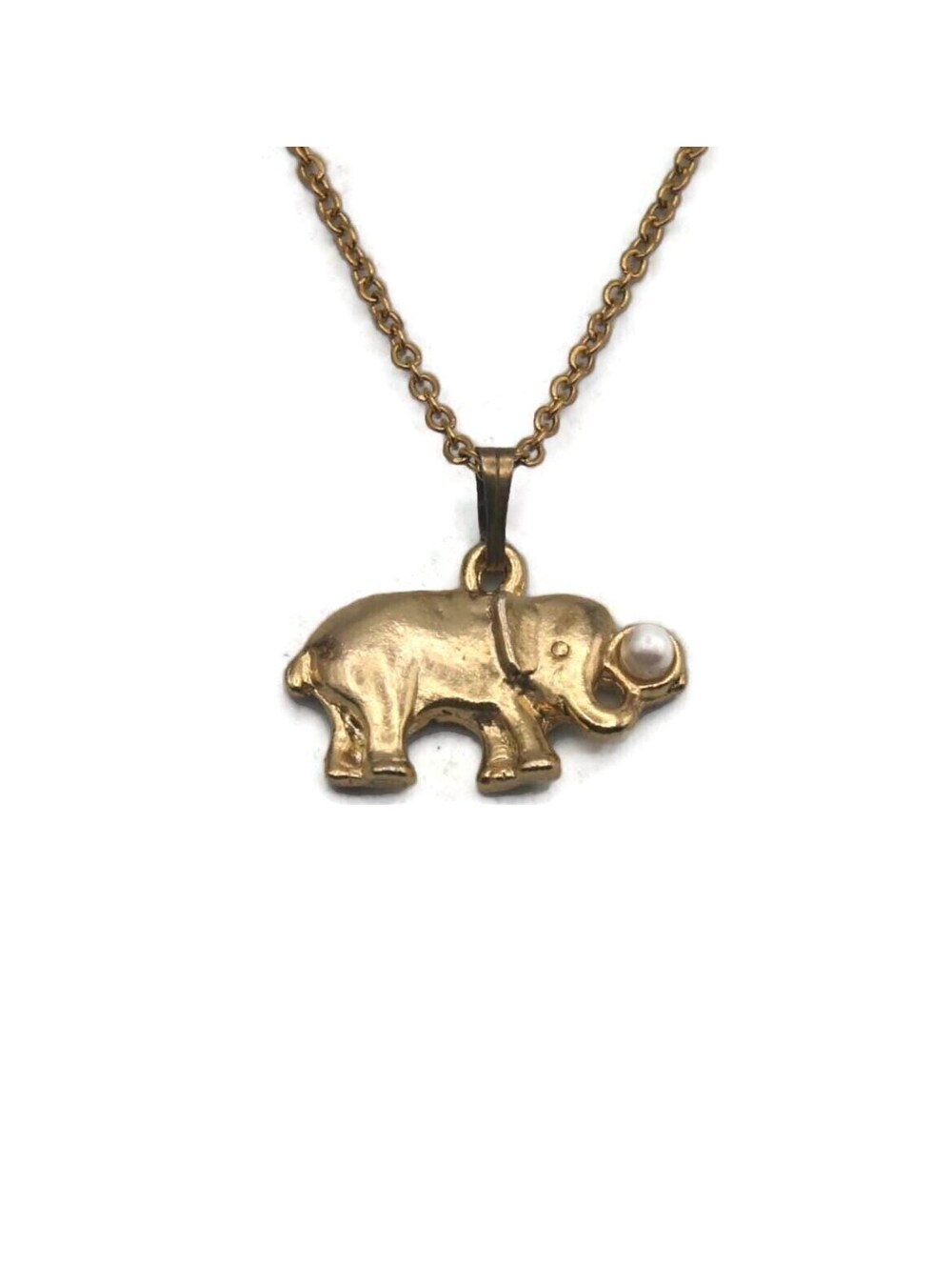 Vintage Gold Tone and Faux Pearl Elephant Pendant on 18" Necklace.